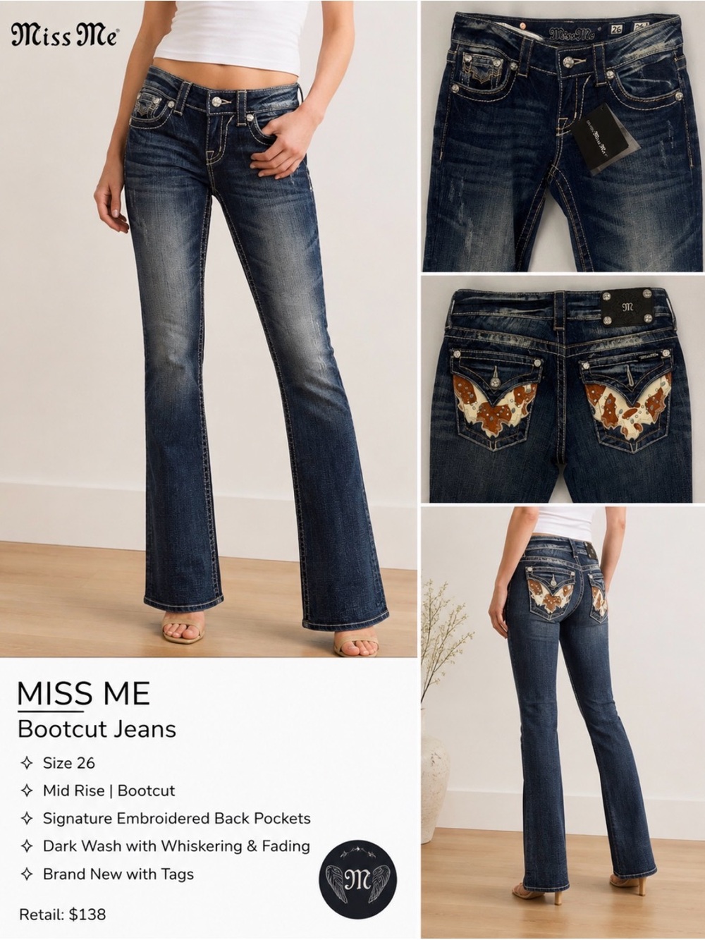 Miss Me Dark Blue Embroidered Bootcut Jeans, NWT, size 26